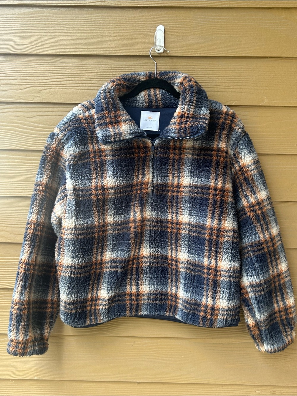 Lazy Sunday Plaid Teddy Jacket in Navy, Orange & Cream